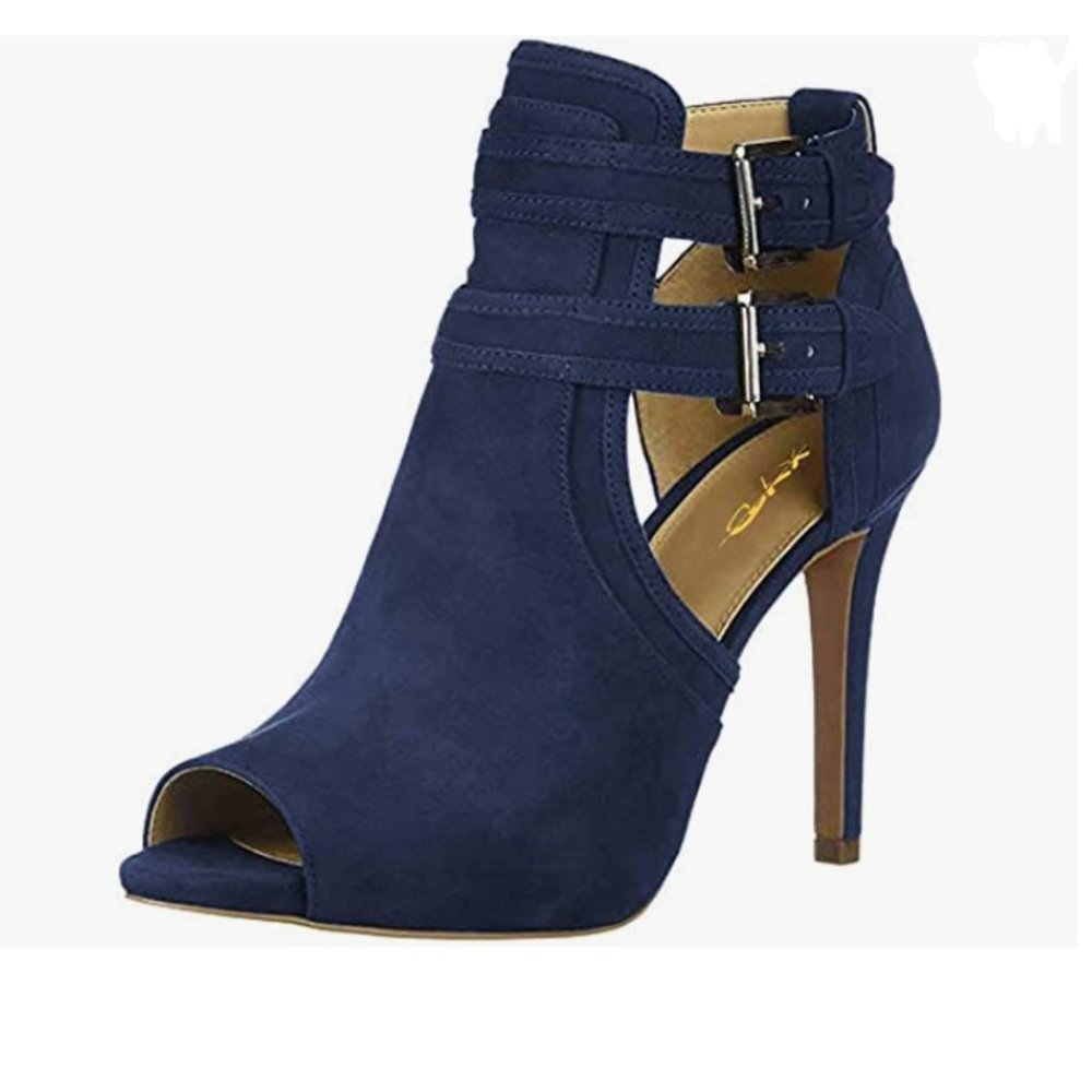 XYD Navy Suede Peep Toe High Heels Buckled Double Straps Cutout Ankle Boot